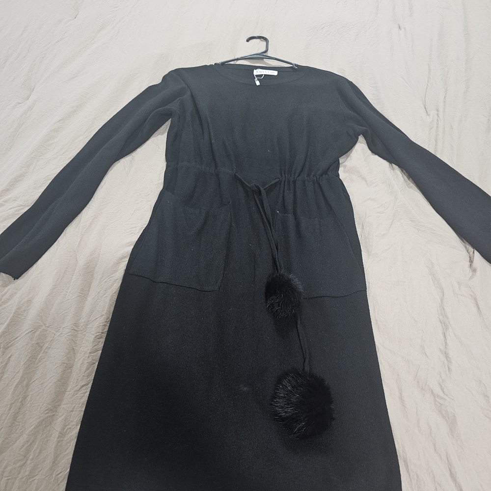 Black Long Sleeve Dress with Pom Pom Accents